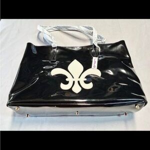 LOLO Bag Oversized Tote Black Glossy Patent Style Vinyl Fleur-dis-Lis Appliqué